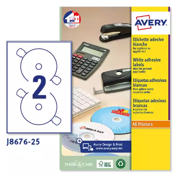 Etichette adesive J8676 in carta inkjet permanenti Ø CD 117mm 2 et/fg 25 fogli bianco opaco Avery